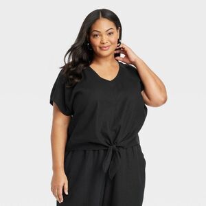 Women's Short Sleeve Linen Tie-Front V-Neck Blouse - Ava & Viv Black 2X